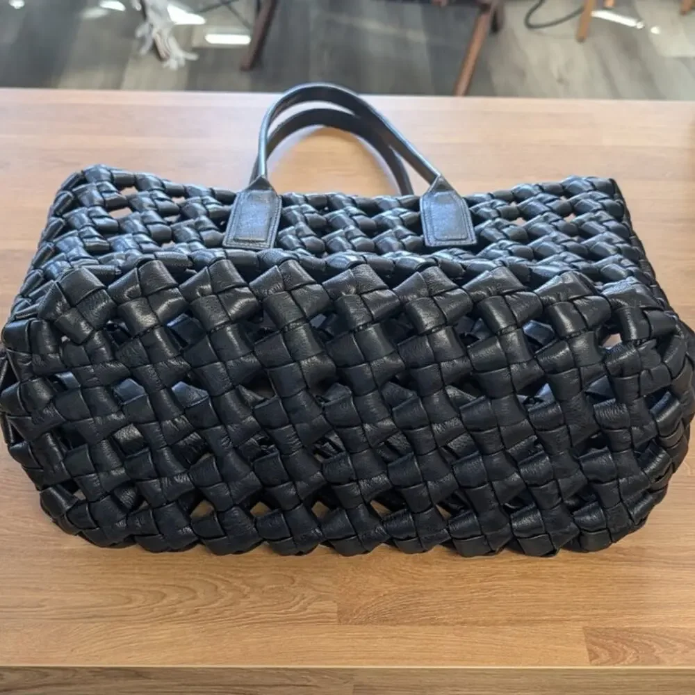 Black Genuine Leather Woven Tote Bag Large Shoulder Handbag Open Top Womens